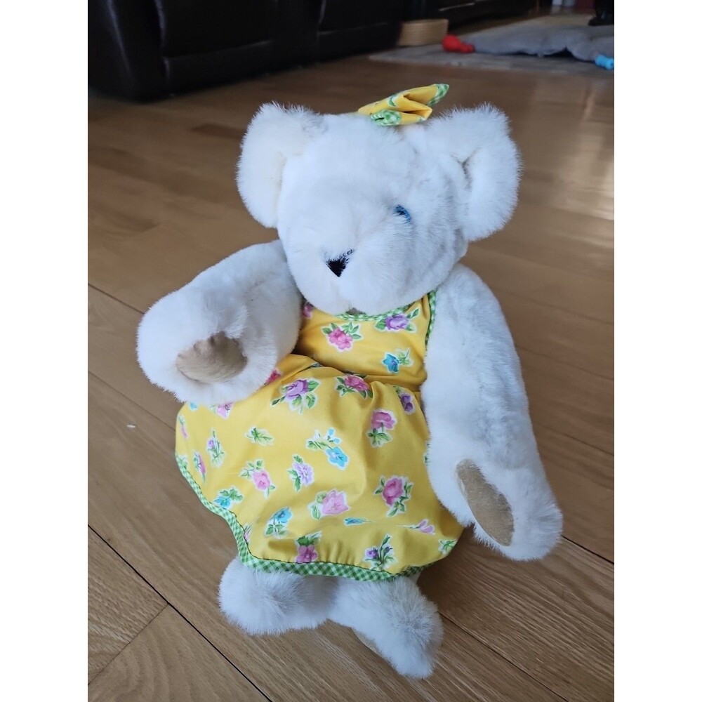 Vermont Teddy Bear Co Plush Stuffed Animal Jointed 16” White Yellow ‎ Bow Tie